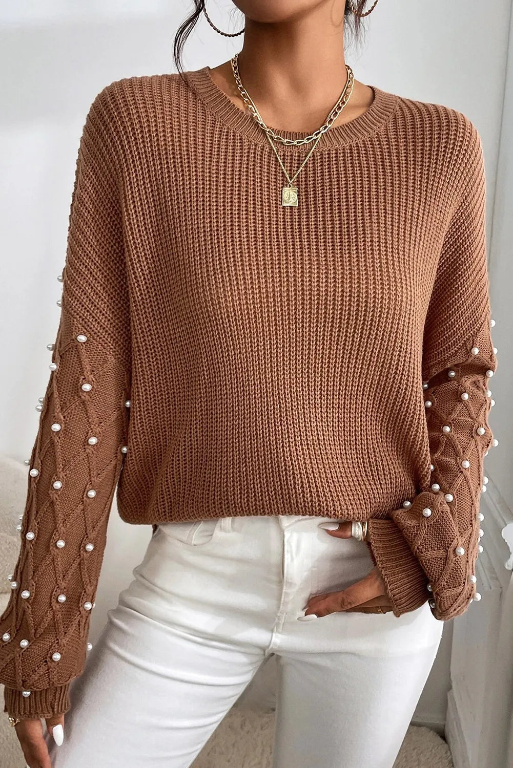 PREORDER Pearl Detail Round Neck Long Sleeve Sweater