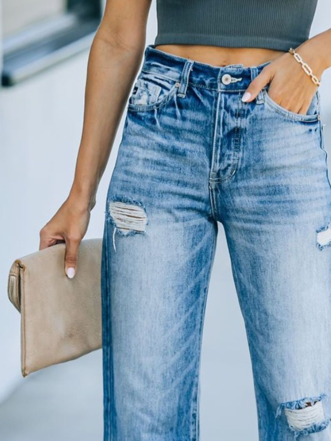 Debi Distressed Straight Leg Jeans- 2 size Small, 1 Large Dusty Blue left and 1 size Small, Black left! FINAL SALE!
