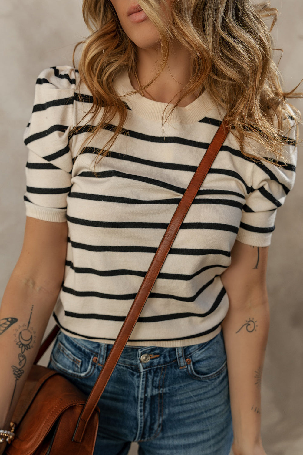 PREORDER Striped Round Neck Puff Sleeve Knit Top 2/9