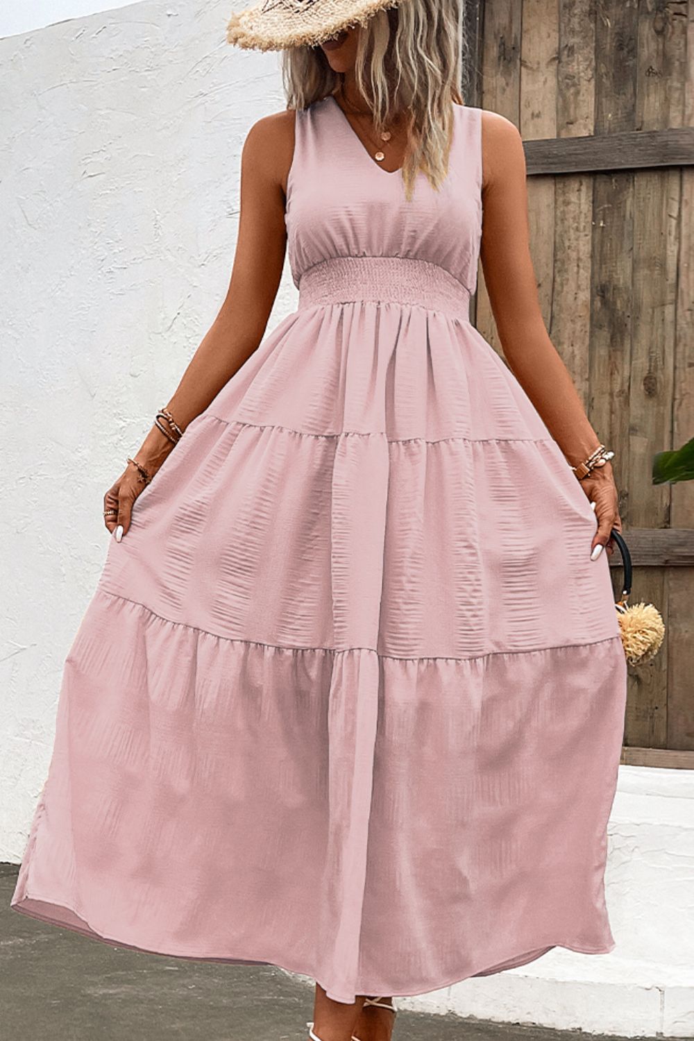 Jessica V-Neck Smocked Waist Sleeveless Tiered Dress- 2 size 2XLs left in Tangerine and 1 size 2XL left in Blush Pink! FINAL SALE!