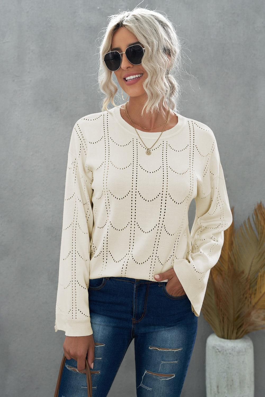 Olivia Openwork Flare Sleeve Pullover- 1 Small, Beige left! FINAL SALE!