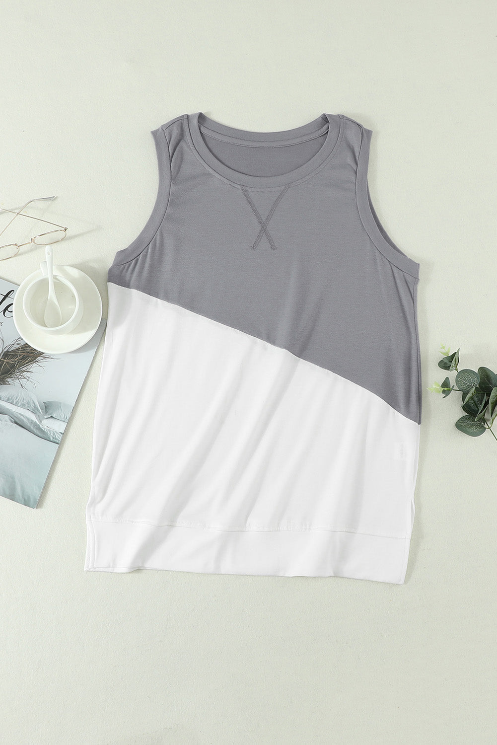 Cali Contrast Round Neck Tank Top- 1 size Large, Sand left! FINAL SALE!