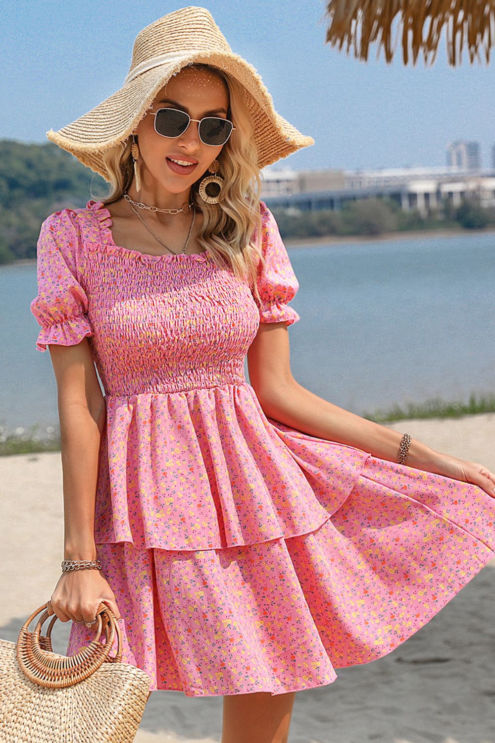 Emma Floral Tie Back Smocked Layered Dress- 1 size Large left! FINAL SALE!