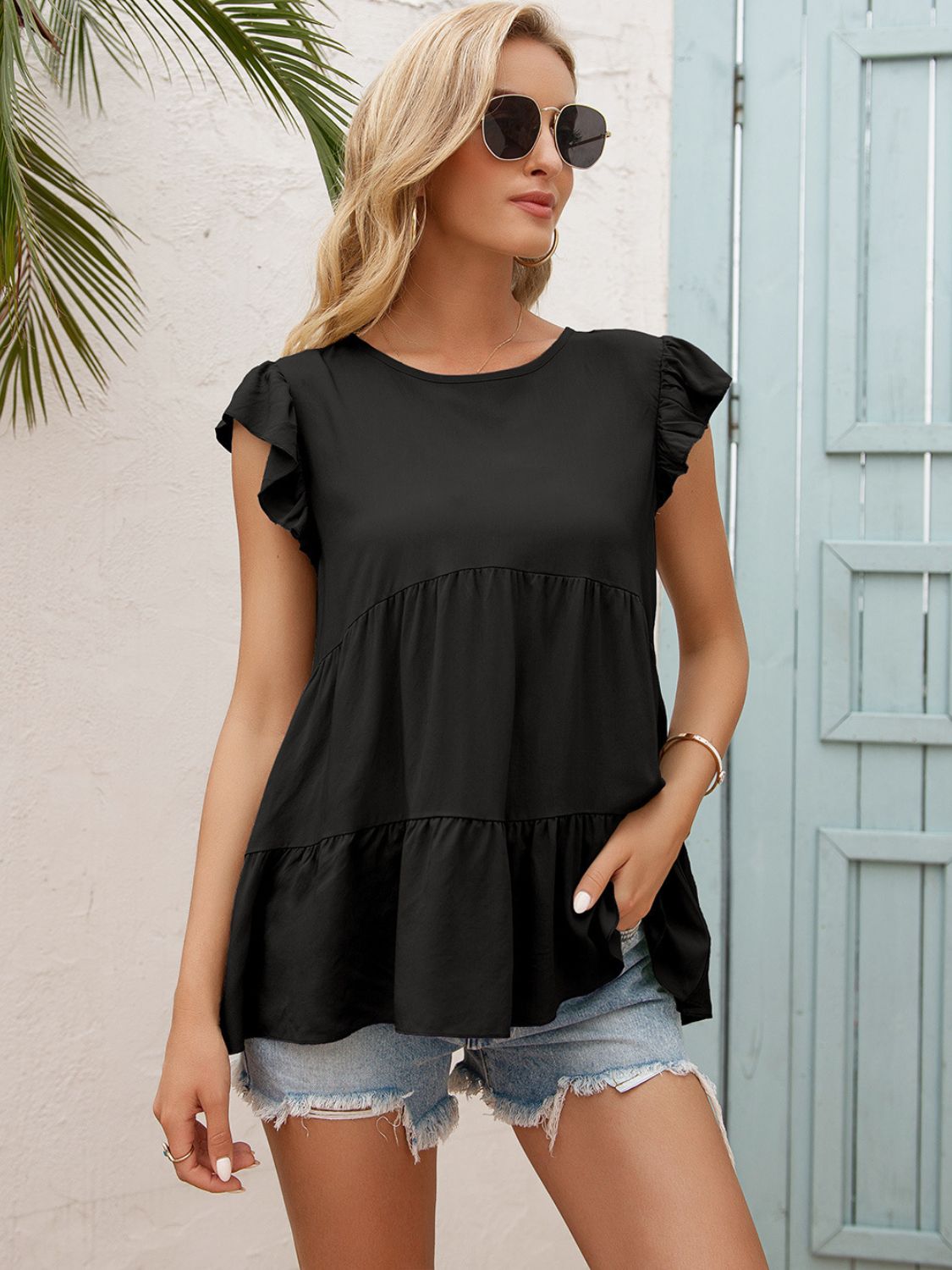 Allison Round Neck Flutter Sleeve Tiered Blouse- 1 size XL, Black left and 1 size XL, Tangerine left! FINAL SALE!