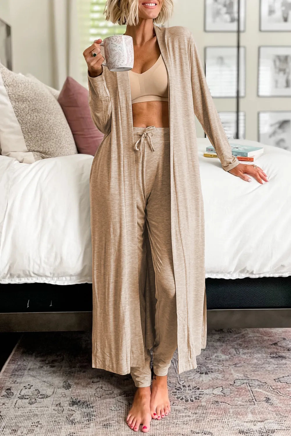 PREORDER Open Front Long Sleeve Cardigan and Pants Lounge Set 2/9