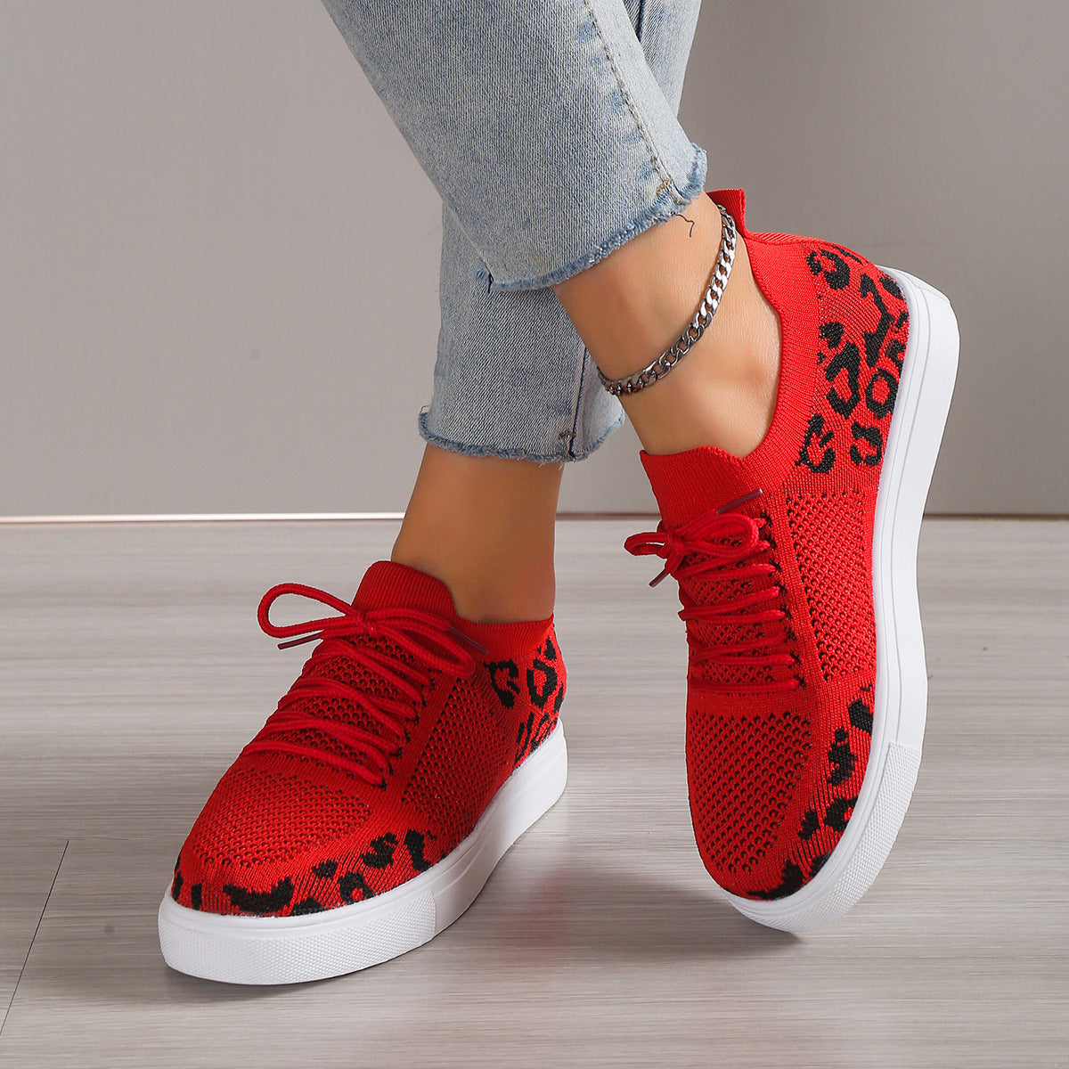 PREORDER Lace-Up Leopard Flat Sneakers 2/9