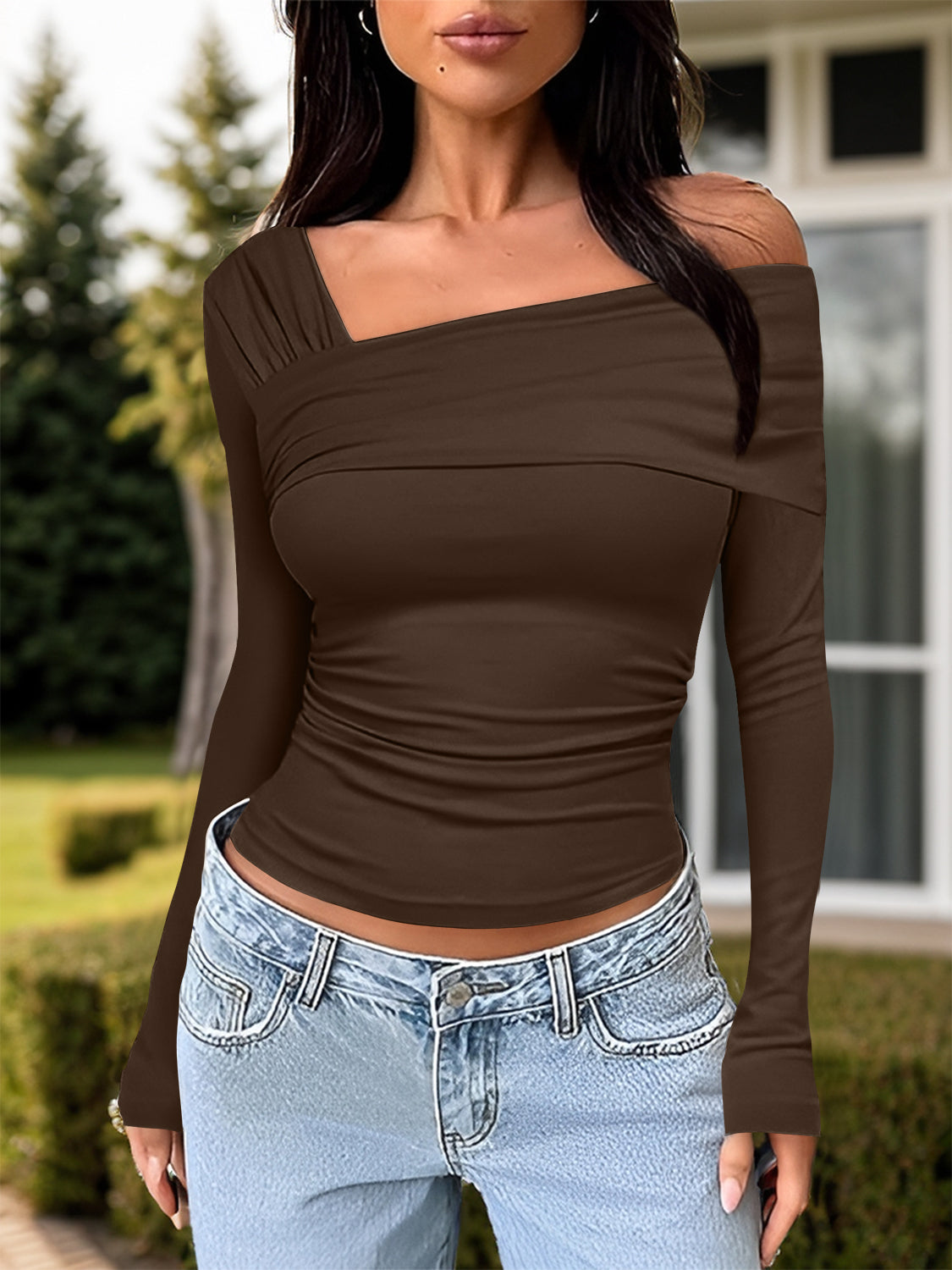 PREORDER Ruched One Shoulder Long Sleeve T-Shirt 2/9
