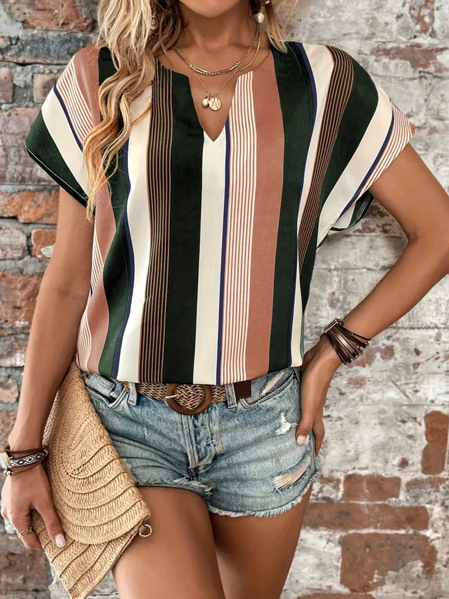 Shari Striped Notched Neck Short Sleeve Blouse- 1 Large Left! FINAL SALE!