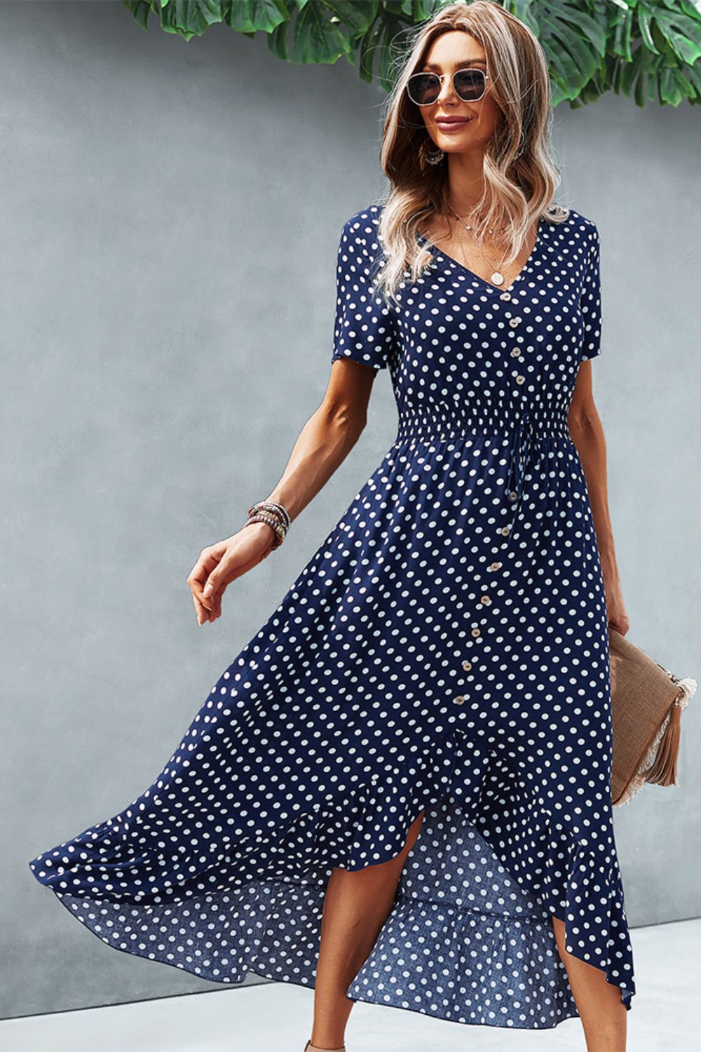 Kathryn Polka Dot Ruffle Hem V-Neck Short Sleeve Midi Dress- 1 Navy, XL left! FINAL SALE!
