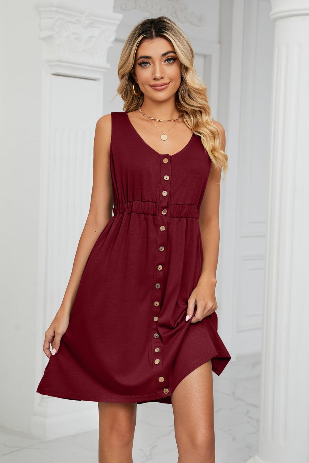 Tanna Buttoned V-Neck Sleeveless Mini Dress with Pockets- 1 size Small, White left! FINAL SALE!