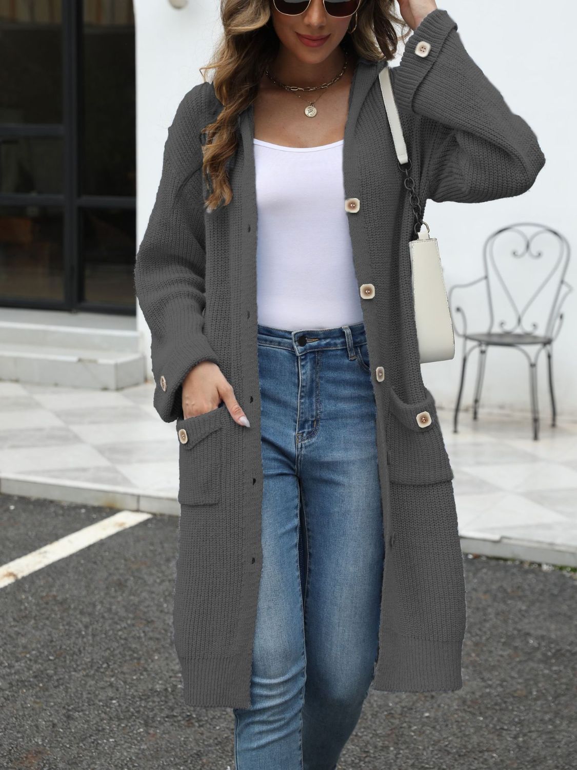 PREORDER Pocketed Button Up Long Sleeve Hooded Cardigan 2/9