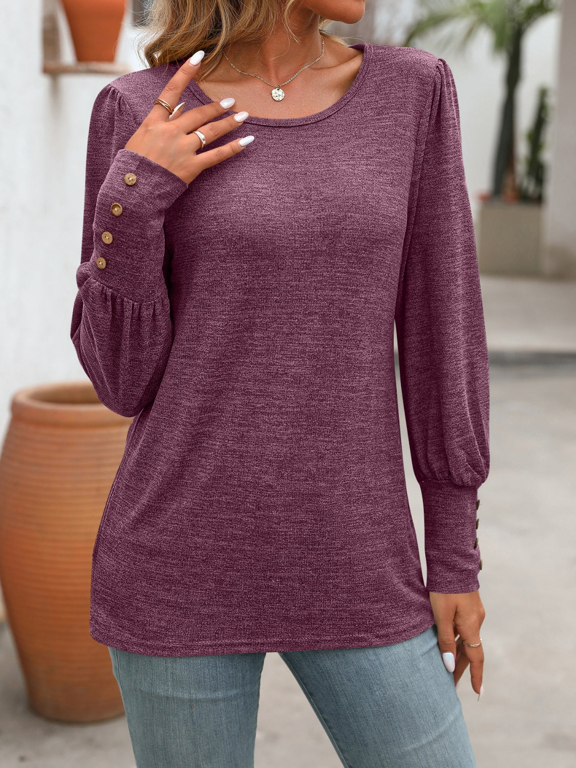PREORDER Decorative Button Round Neck Long Sleeve T-Shirt