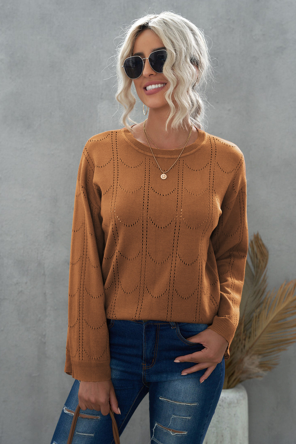 Olivia Openwork Flare Sleeve Pullover- 1 Small, Beige left! FINAL SALE!
