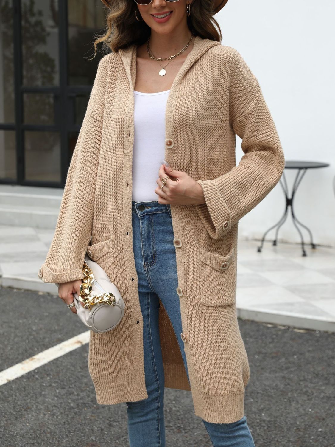PREORDER Pocketed Button Up Long Sleeve Hooded Cardigan 2/9