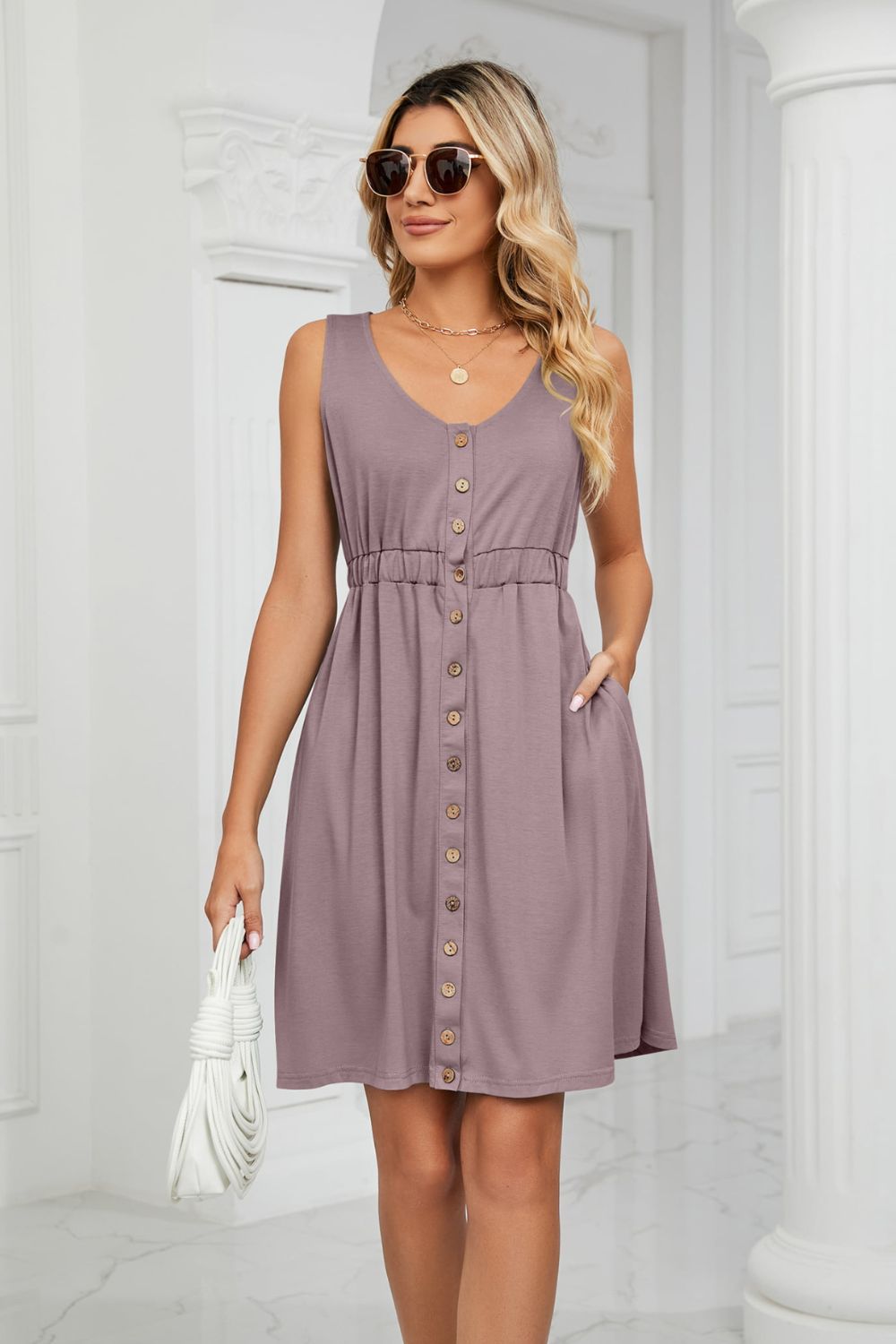 Tanna Buttoned V-Neck Sleeveless Mini Dress with Pockets- 1 size Small, White left! FINAL SALE!
