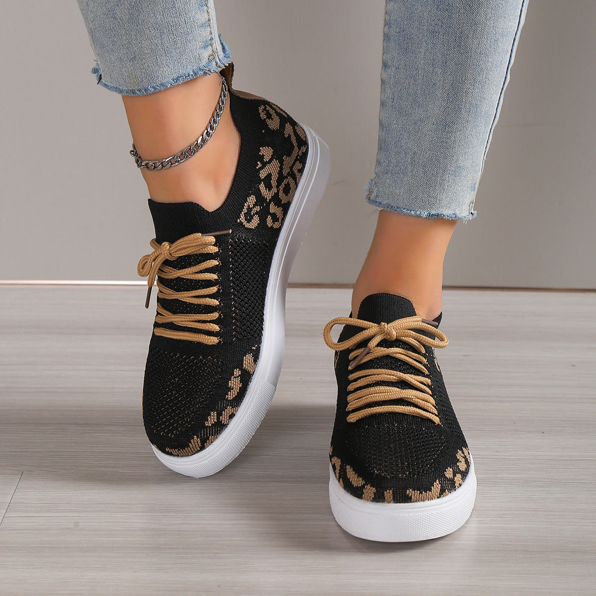PREORDER Lace-Up Leopard Flat Sneakers 2/9
