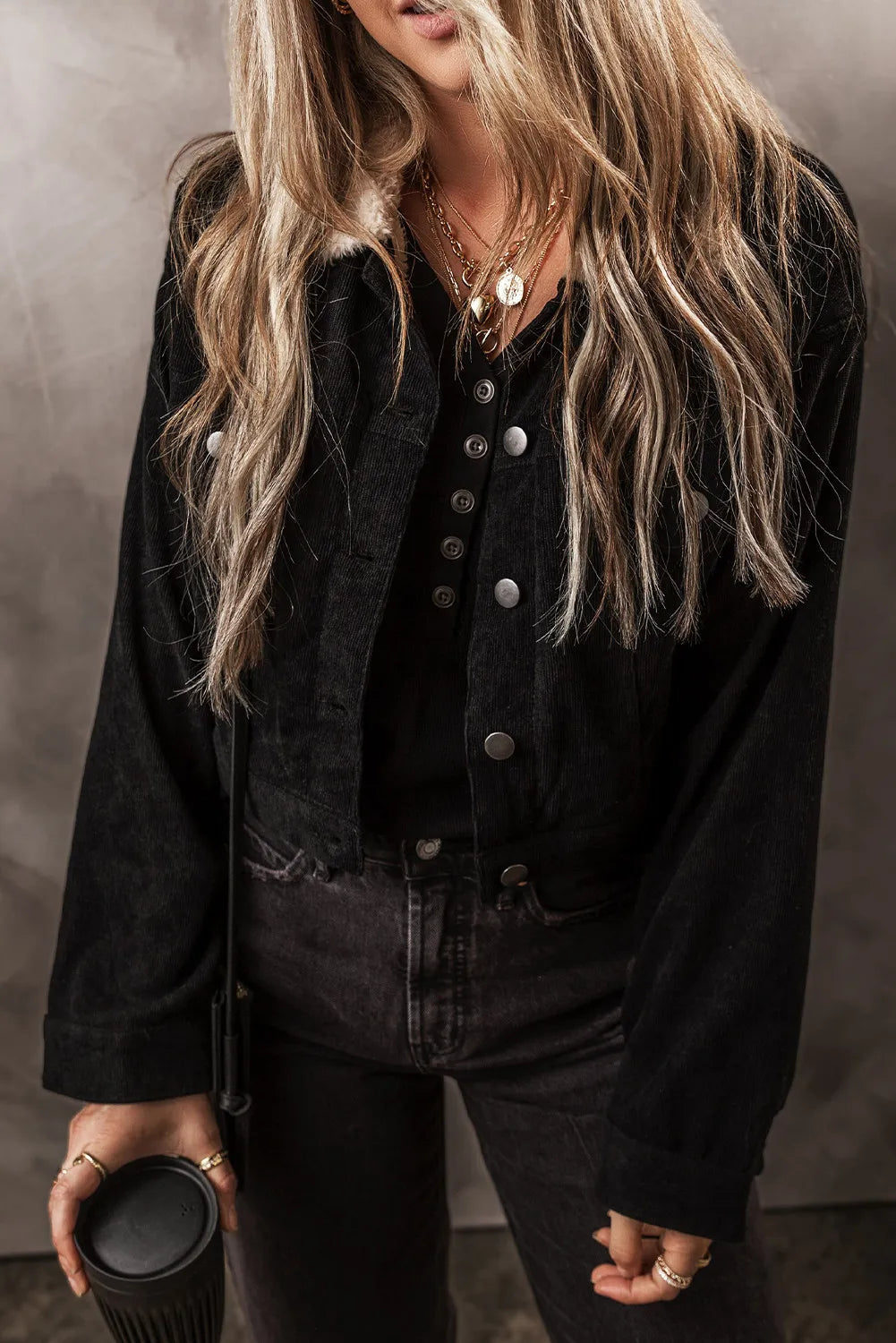 PREORDER Fuzzy Collared Neck Button Down Jacket 2/9