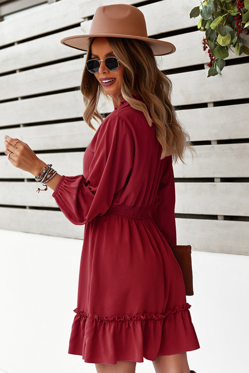 Taylor Tie Neck Smocked Waist Ruffle Hem Dress- 1 size M left! FINAL SALE!