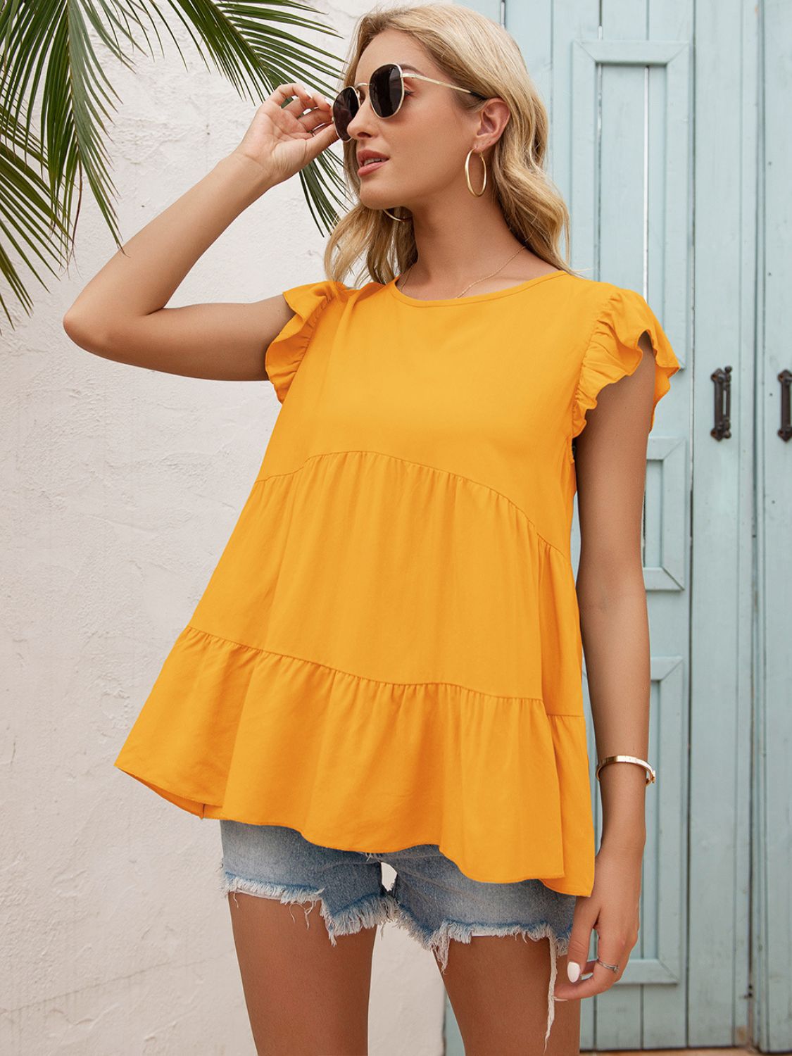 Allison Round Neck Flutter Sleeve Tiered Blouse- 1 size XL, Black left and 1 size XL, Tangerine left! FINAL SALE!