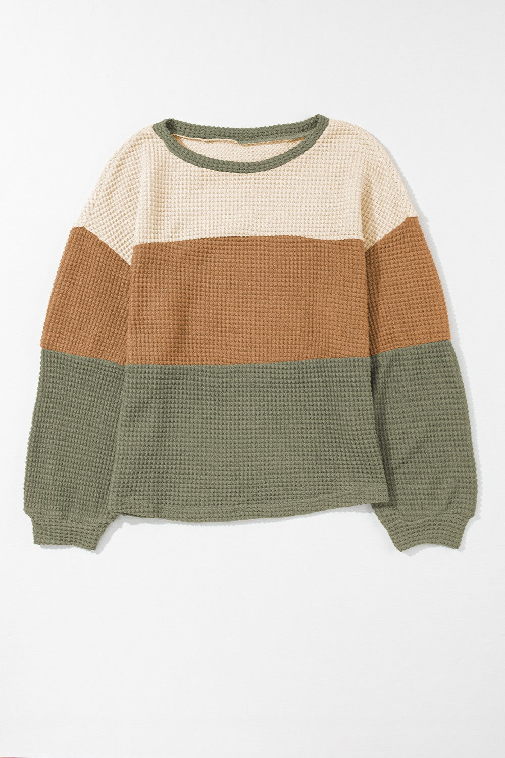 PREORDER Waffle-Knit Color Block Round Neck Long Sleeve Blouse