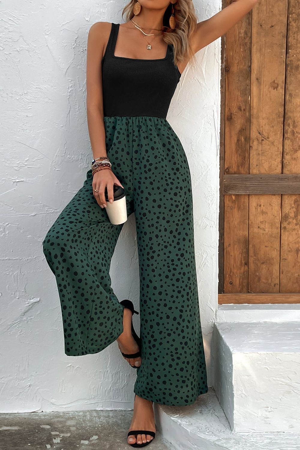 Emily Two-Tone Square Neck Wide Leg Jumpsuit- 1 size XL, Forest left! FINAL SALE!
