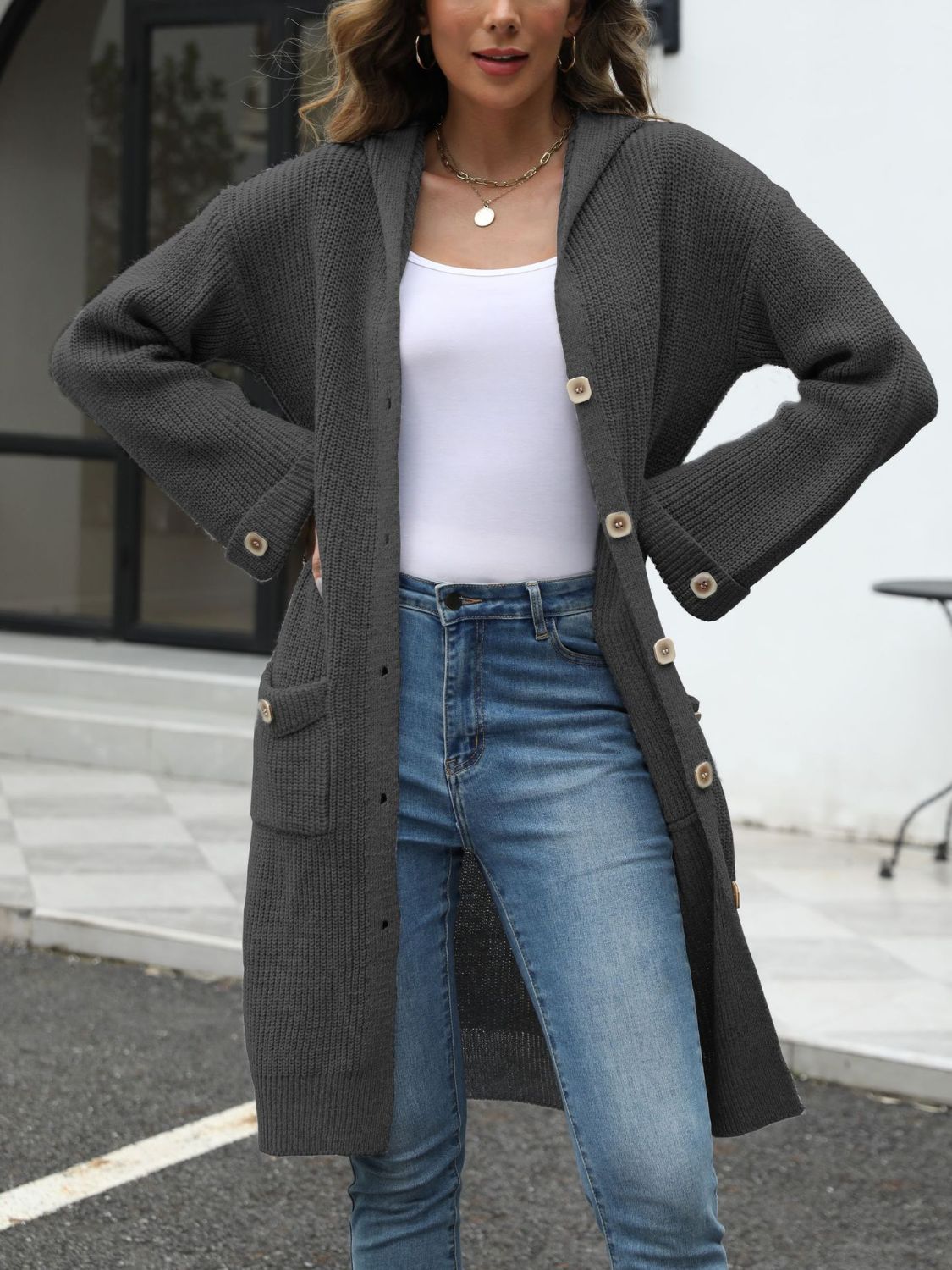 PREORDER Pocketed Button Up Long Sleeve Hooded Cardigan 2/9