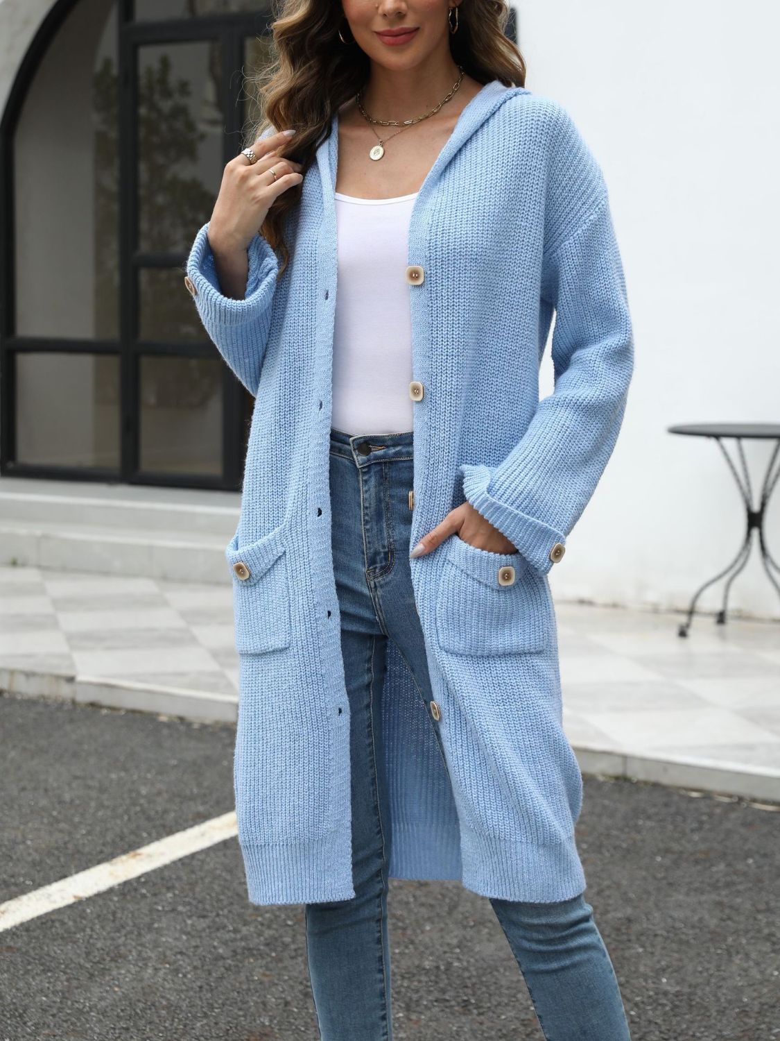 PREORDER Pocketed Button Up Long Sleeve Hooded Cardigan 2/9