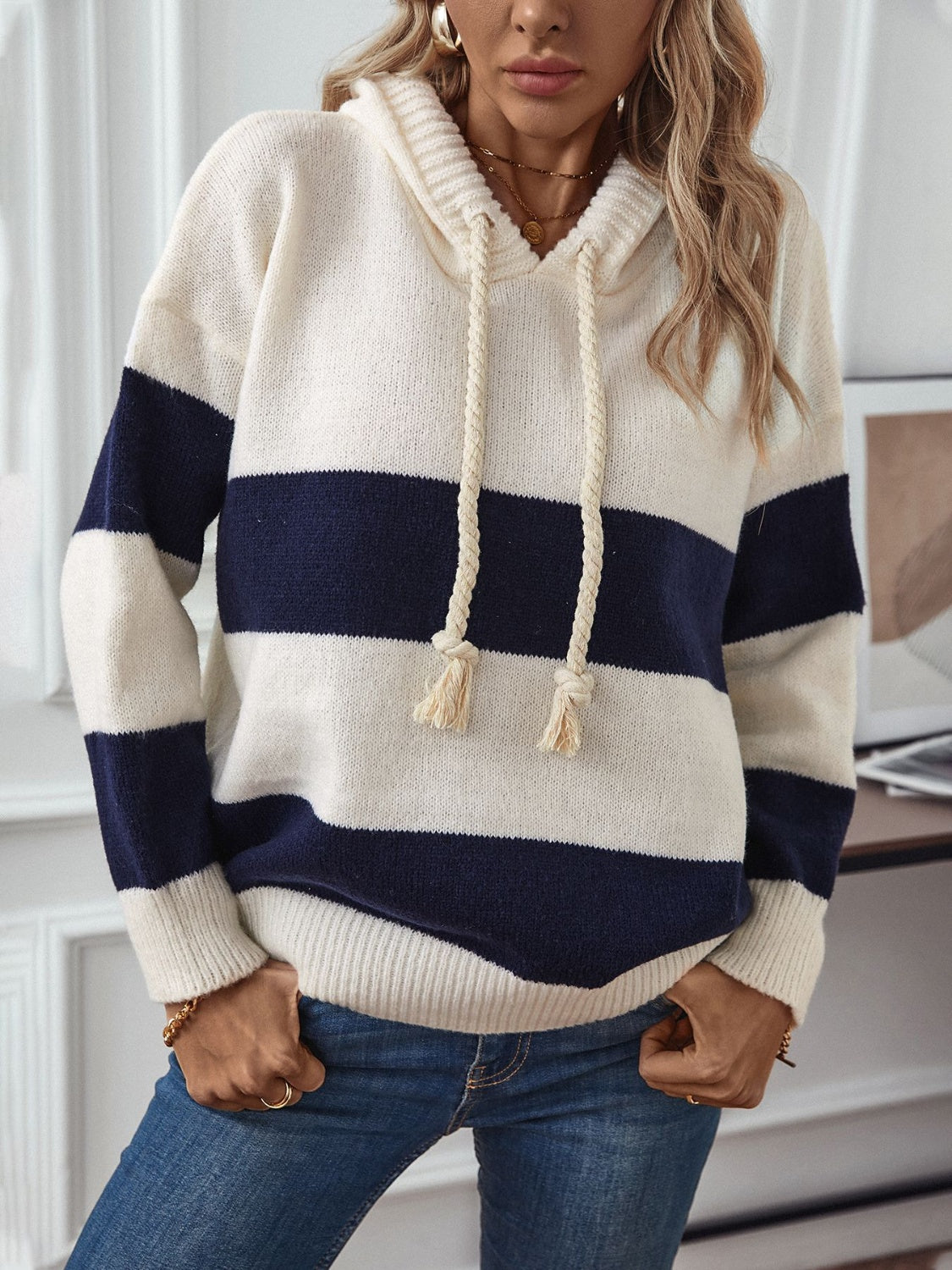 PREORDER: Drawstring Contrast Stripe Dropped Shoulder Hooded Sweater