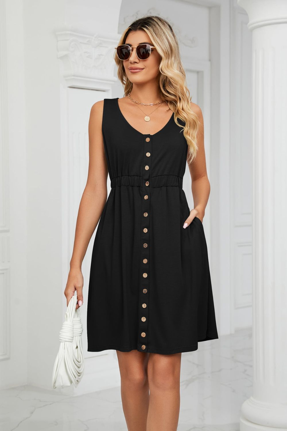Tanna Buttoned V-Neck Sleeveless Mini Dress with Pockets- 1 size Small, White left! FINAL SALE!