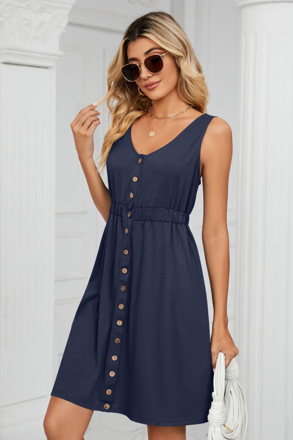 Tanna Buttoned V-Neck Sleeveless Mini Dress with Pockets- 1 size Small, White left! FINAL SALE!