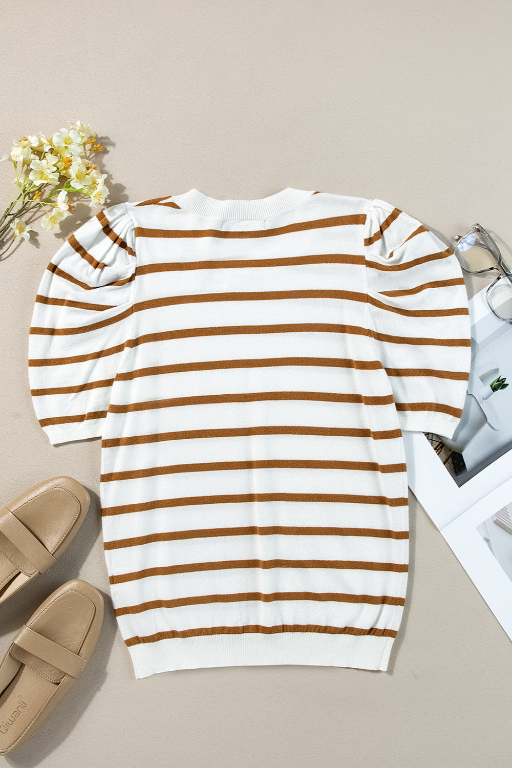 PREORDER Striped Round Neck Puff Sleeve Knit Top 2/9
