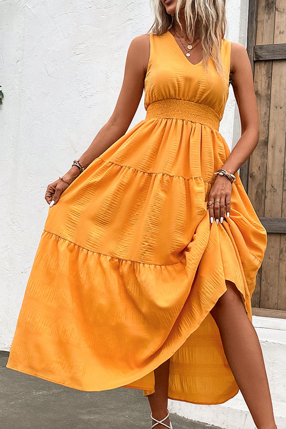 Jessica V-Neck Smocked Waist Sleeveless Tiered Dress- 2 size 2XLs left in Tangerine and 1 size 2XL left in Blush Pink! FINAL SALE!