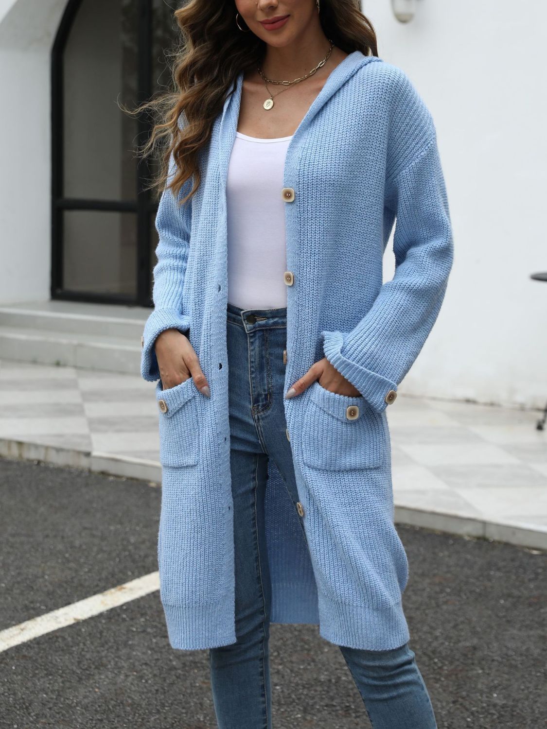 PREORDER Pocketed Button Up Long Sleeve Hooded Cardigan 2/9