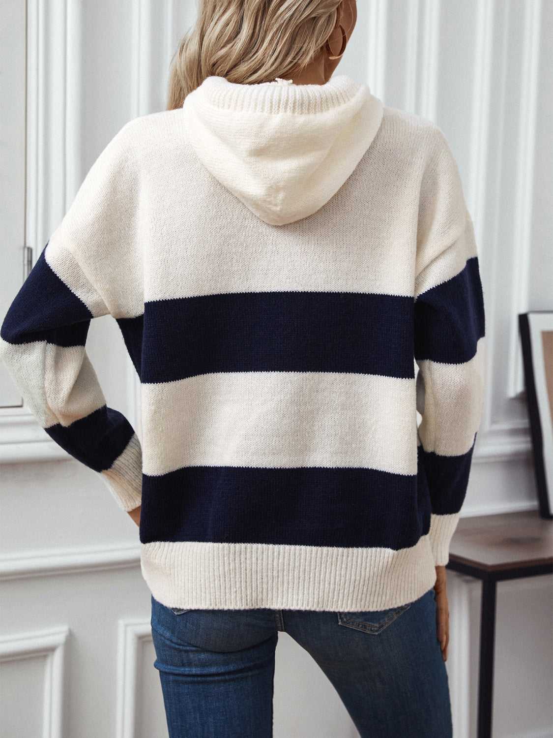 PREORDER: Drawstring Contrast Stripe Dropped Shoulder Hooded Sweater