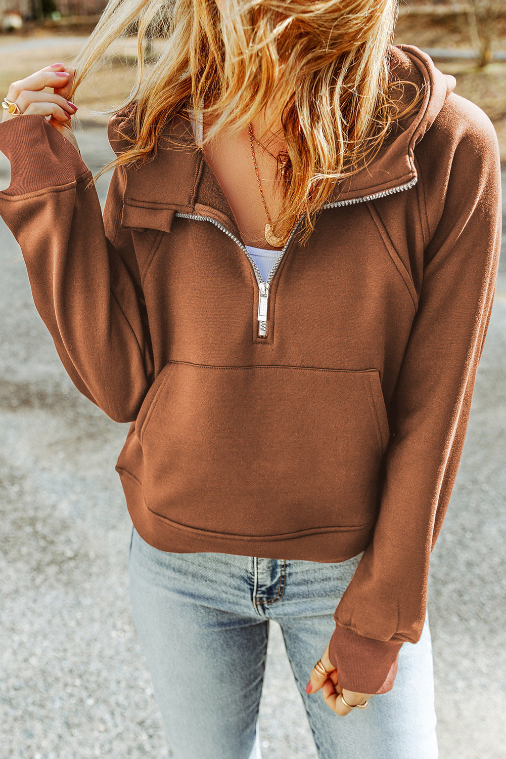 Bailey Half-Zip Thumbhole Sleeve Hoodie- 1 size Large/Caramel and 1 size Medium/Blush Pink left! FINAL SALE!