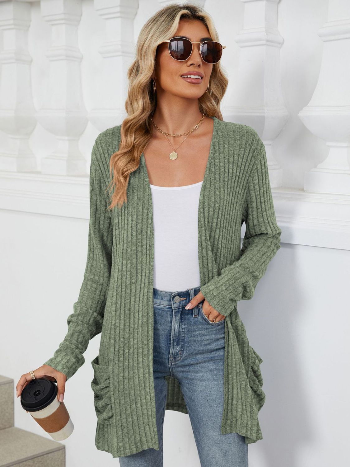 PREORDER Pocketed Open Front Long Sleeve Cardigan 2/9