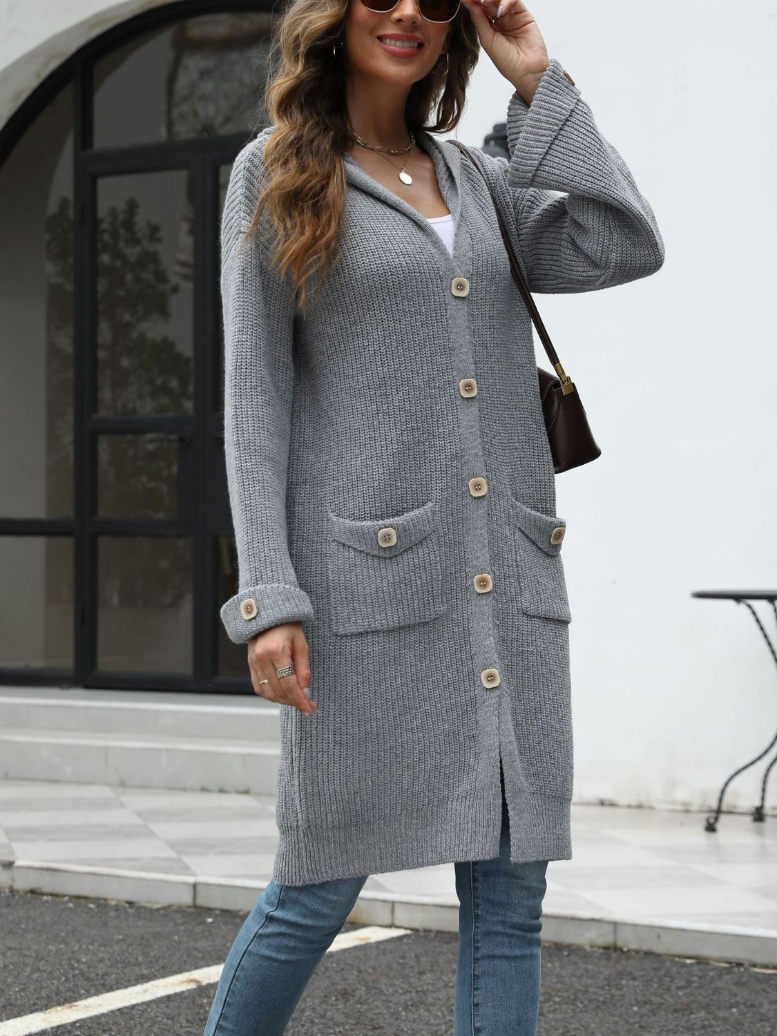 PREORDER Pocketed Button Up Long Sleeve Hooded Cardigan 2/9