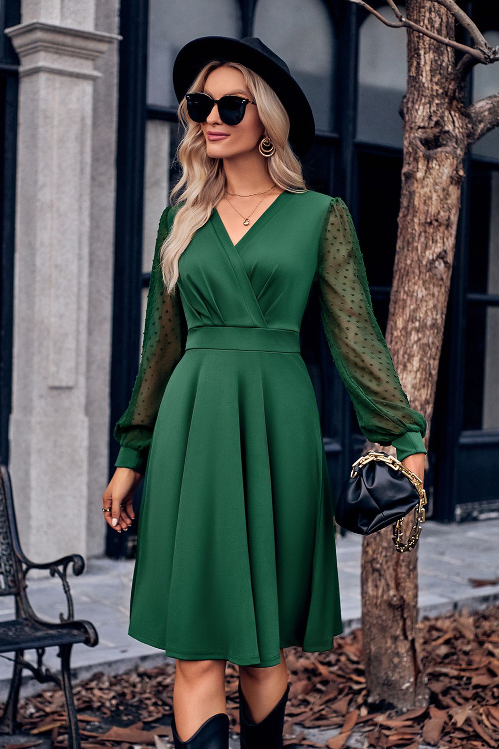 PREORDER Surplice Neck Swiss Dot Long Sleeve Dress