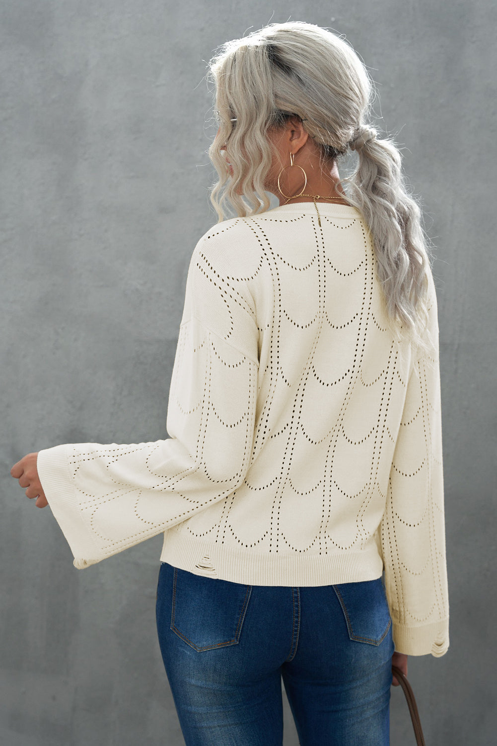 Olivia Openwork Flare Sleeve Pullover- 1 Small, Beige left! FINAL SALE!