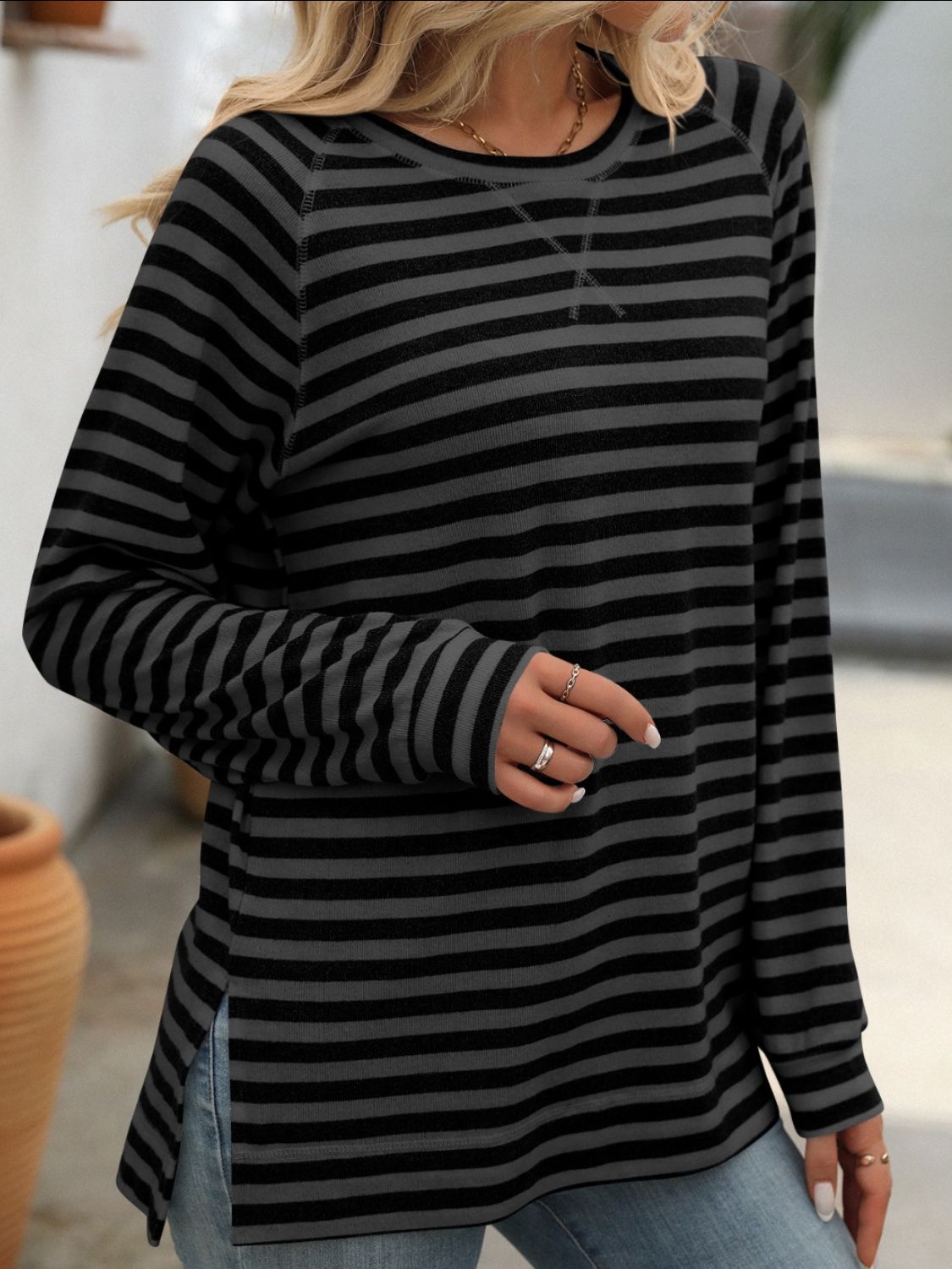 PREORDER Mandy Striped Round Neck Long Sleeve T-Shirt