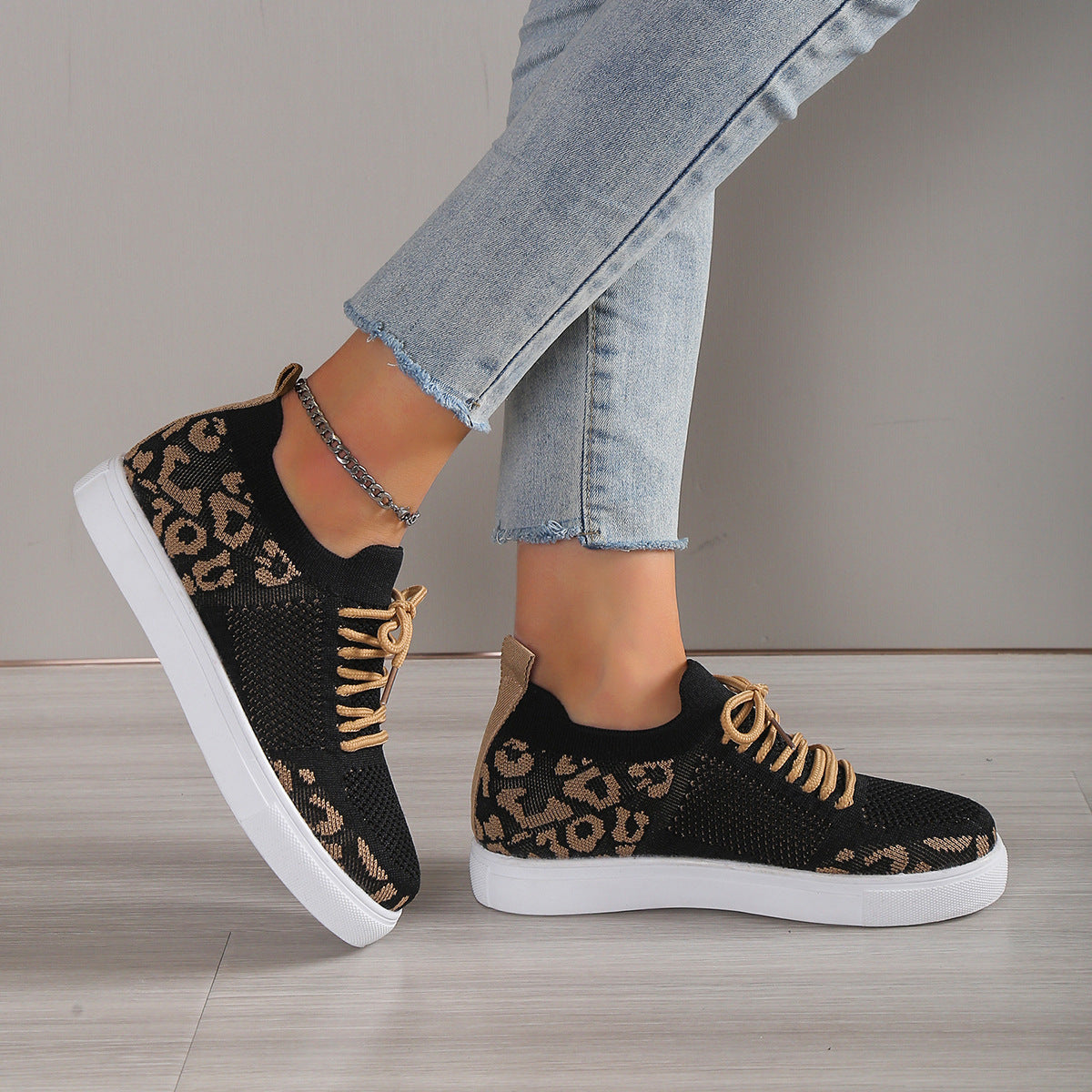 PREORDER Lace-Up Leopard Flat Sneakers 2/9