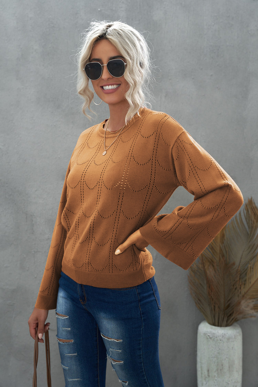 Olivia Openwork Flare Sleeve Pullover- 1 Small, Beige left! FINAL SALE!