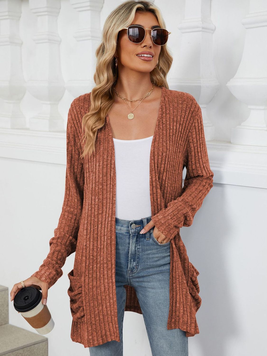 PREORDER Pocketed Open Front Long Sleeve Cardigan 2/9