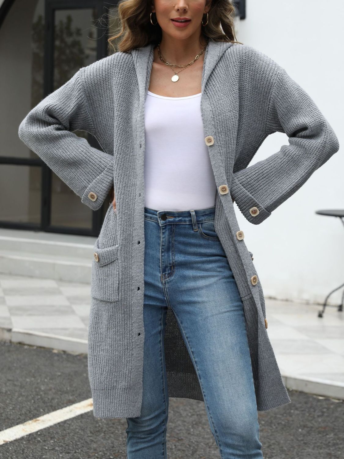 PREORDER Pocketed Button Up Long Sleeve Hooded Cardigan 2/9