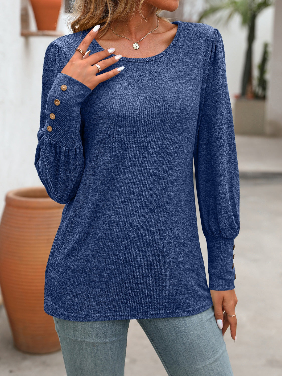 PREORDER Decorative Button Round Neck Long Sleeve T-Shirt