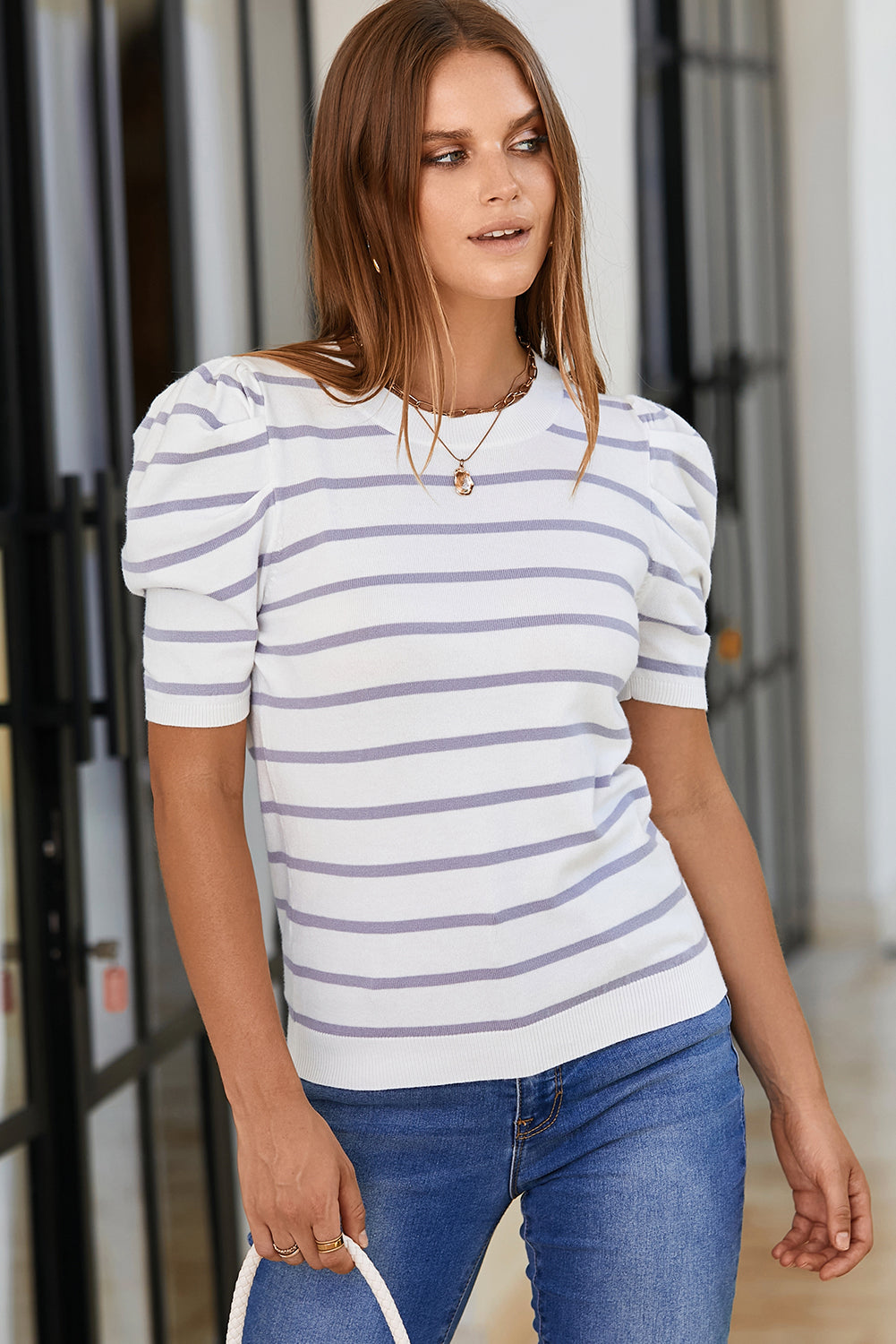 PREORDER Striped Round Neck Puff Sleeve Knit Top 2/9