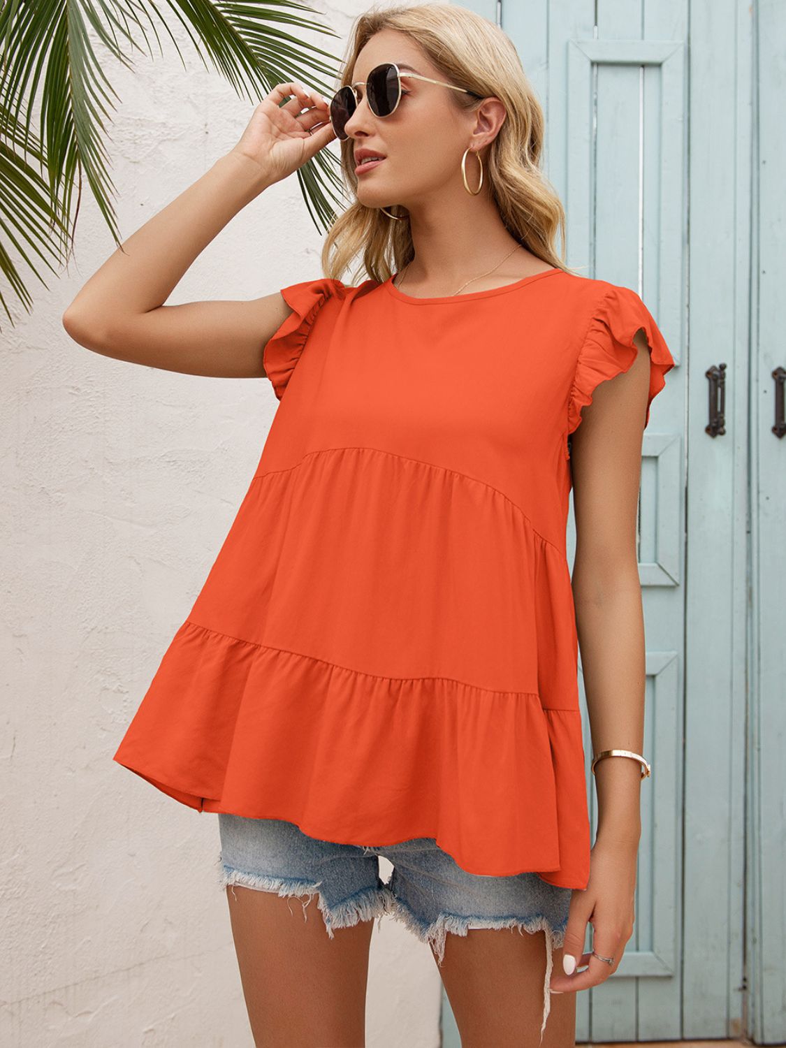 Allison Round Neck Flutter Sleeve Tiered Blouse- 1 size XL, Black left and 1 size XL, Tangerine left! FINAL SALE!