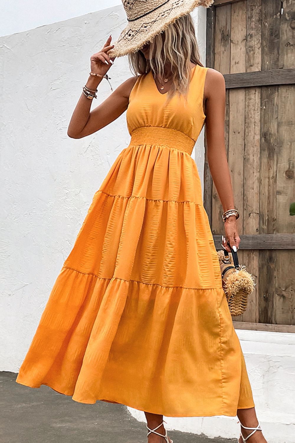 Jessica V-Neck Smocked Waist Sleeveless Tiered Dress- 2 size 2XLs left in Tangerine and 1 size 2XL left in Blush Pink! FINAL SALE!