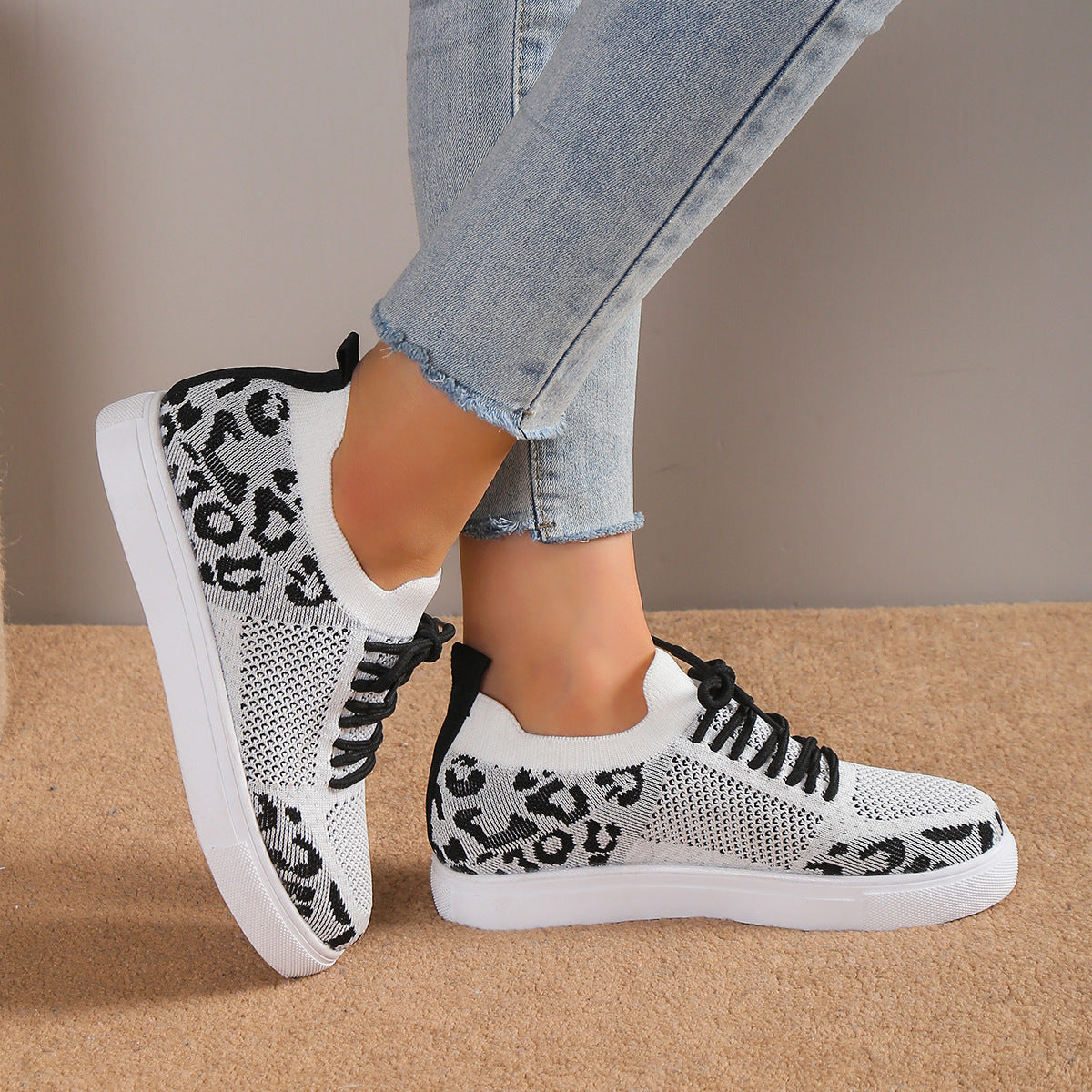 PREORDER Lace-Up Leopard Flat Sneakers 2/9