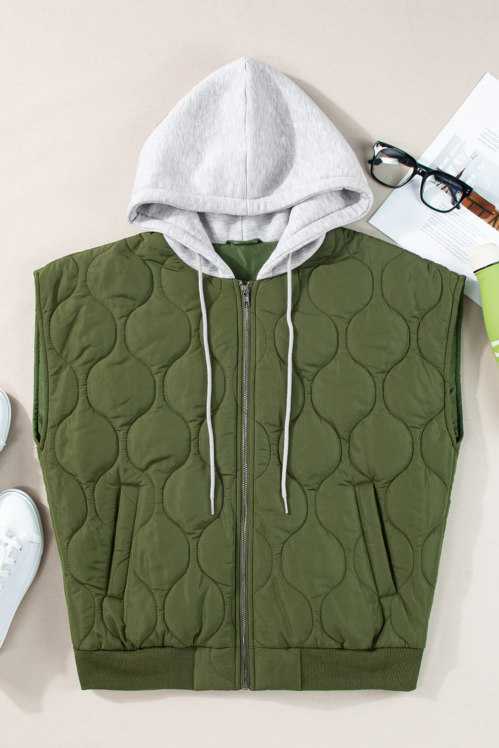 PREORDER Drawstring Zip Up Hooded Vest Coat 2/9